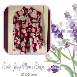 Jones New York  Size M Blouse Hawaiian Floral Pinks Fuchsia White Ties At Sleeve